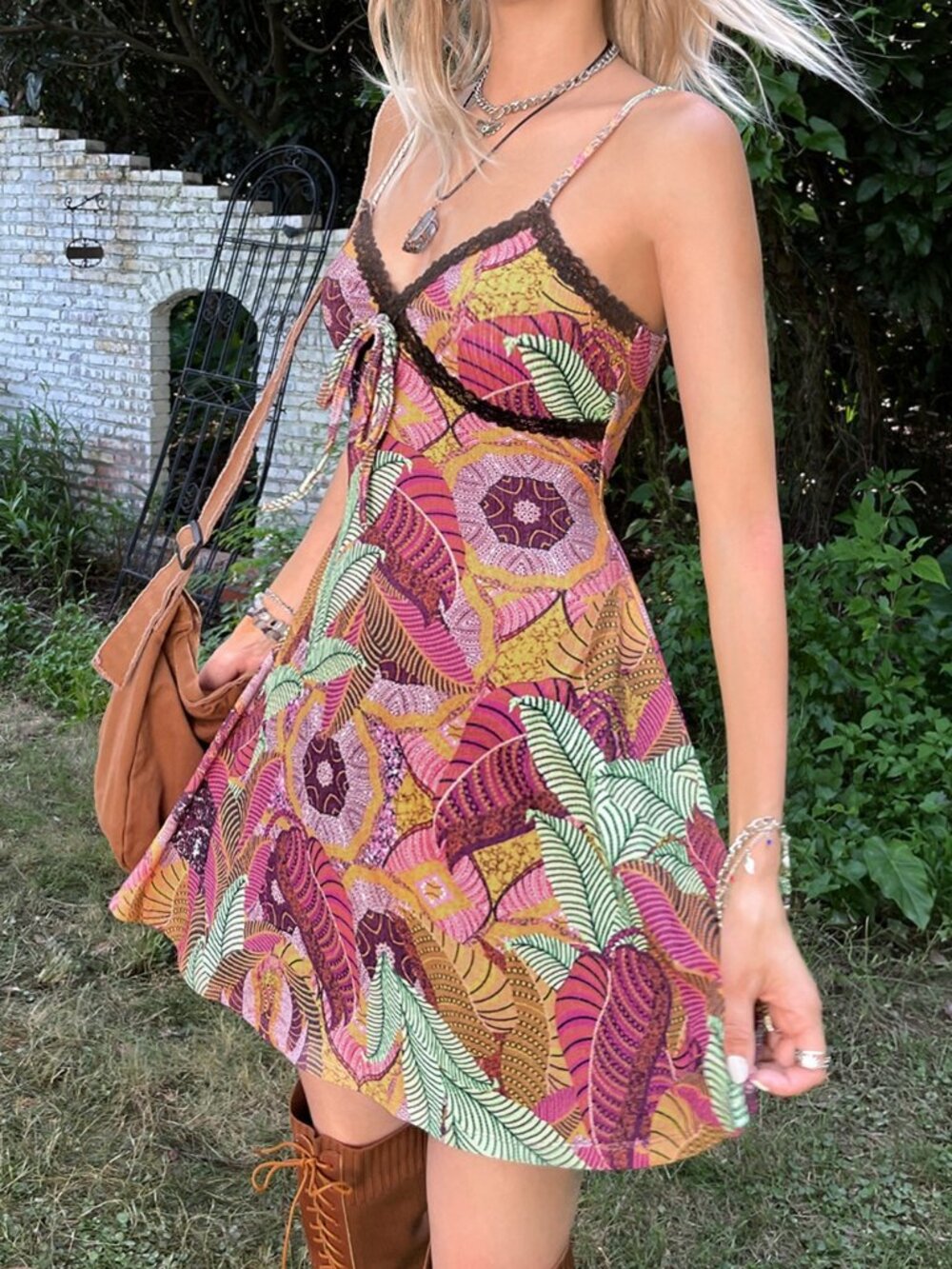 Multicolor Boho Women's Grunge Tropical Print Lace Knot Front Cami Dress - Picture 5 of 6
